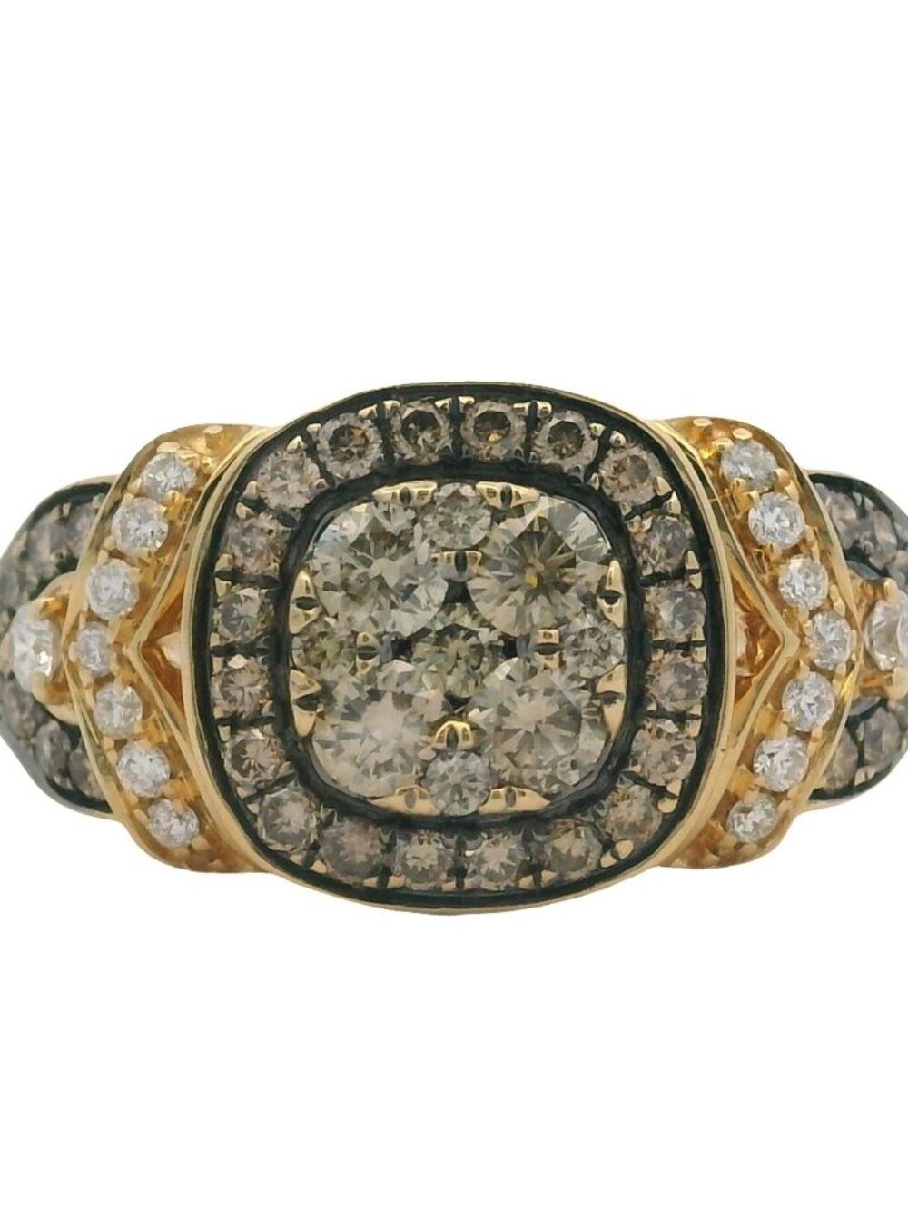 LeVian 14kt Yellow Gold Brown and White Diamond Cluster Cocktail Ring Size 10.5
